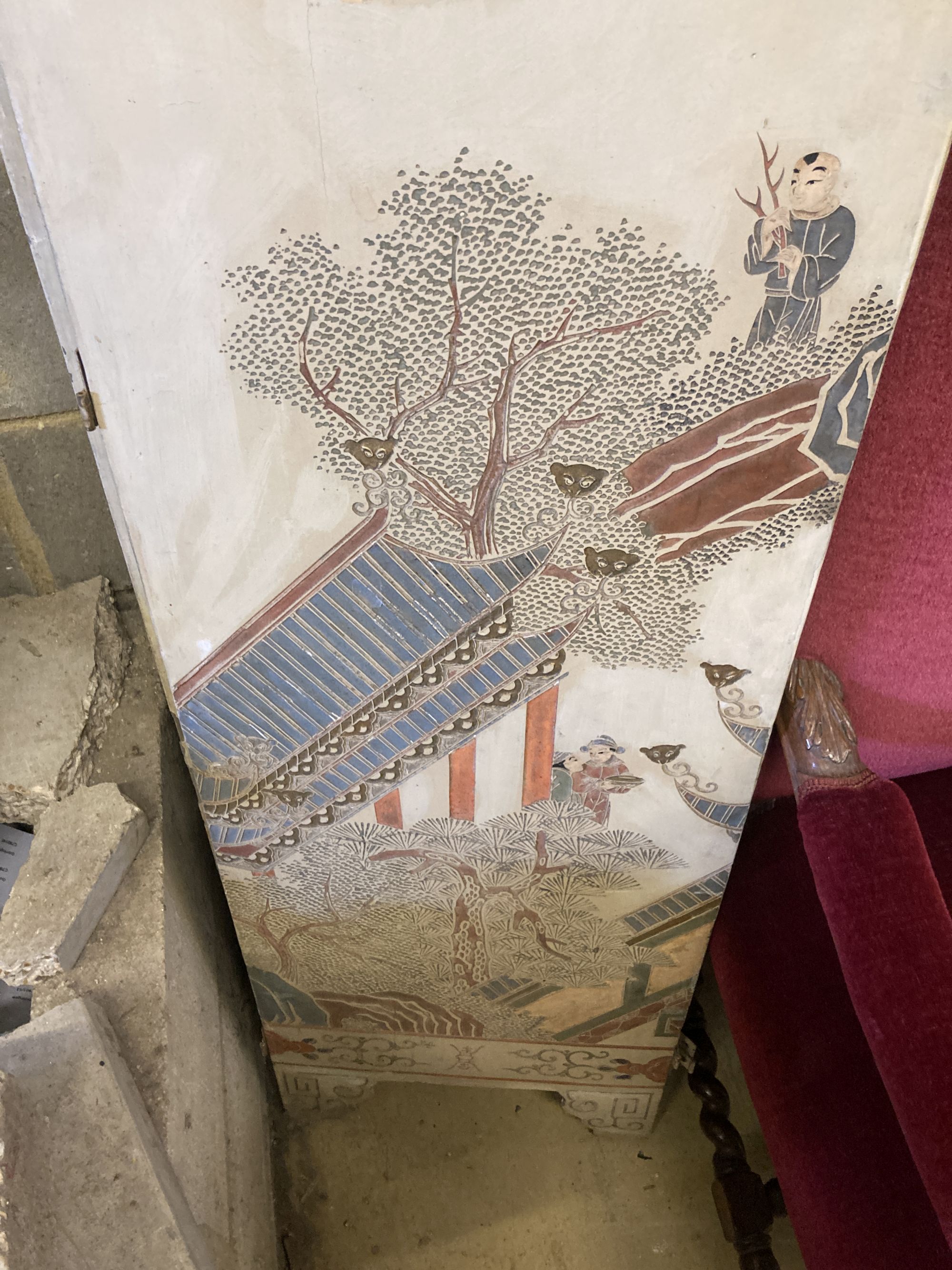 A Chinese painted four fold dressing screen, each panel width 40cm, height 185cm